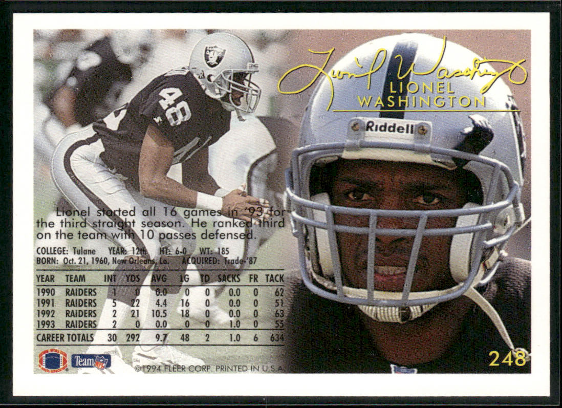 Lionel Washington 1994 Fleer #248 Los Angeles Raiders