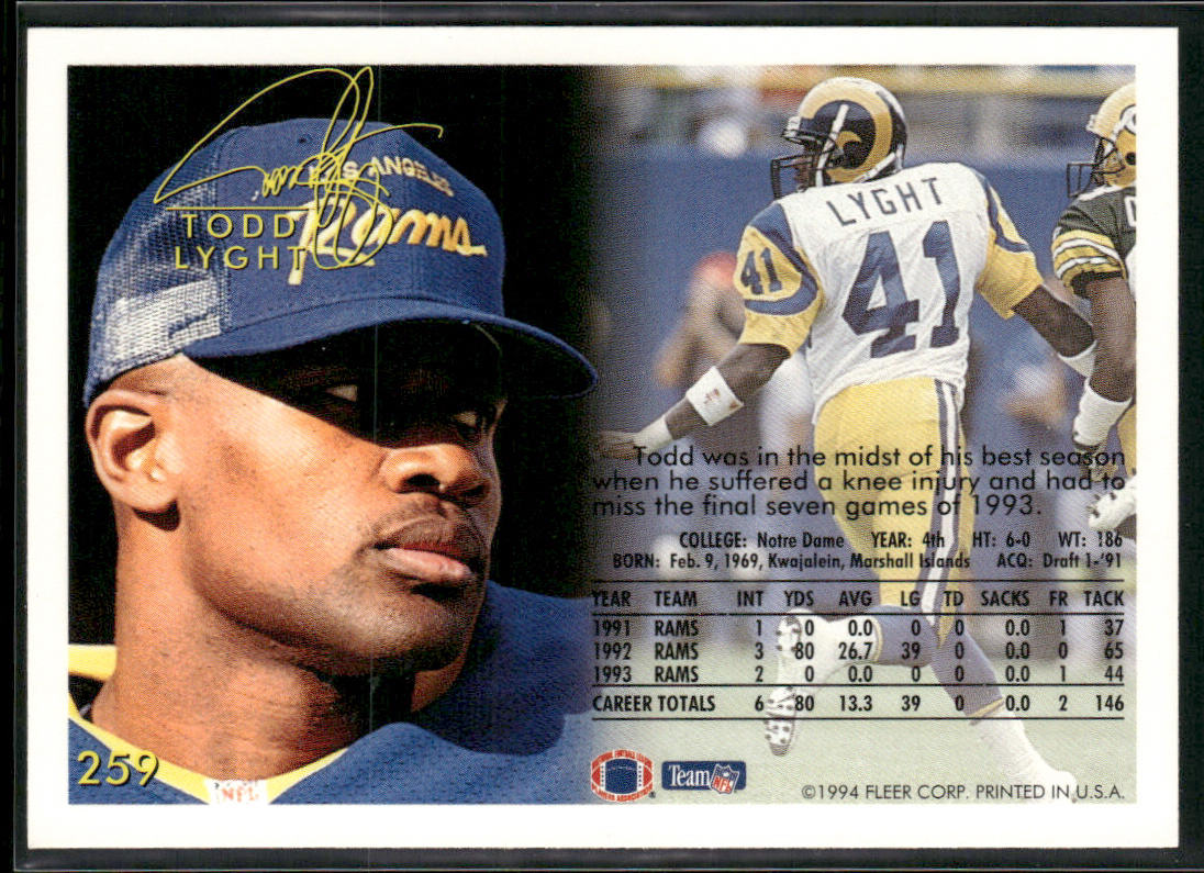 Todd Lyght 1994 Fleer #259 Los Angeles Rams