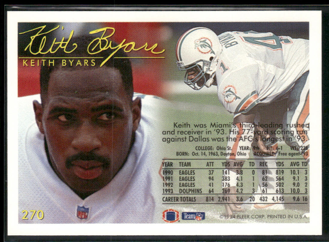 Keith Byars 1994 Fleer #270 Miami Dolphins