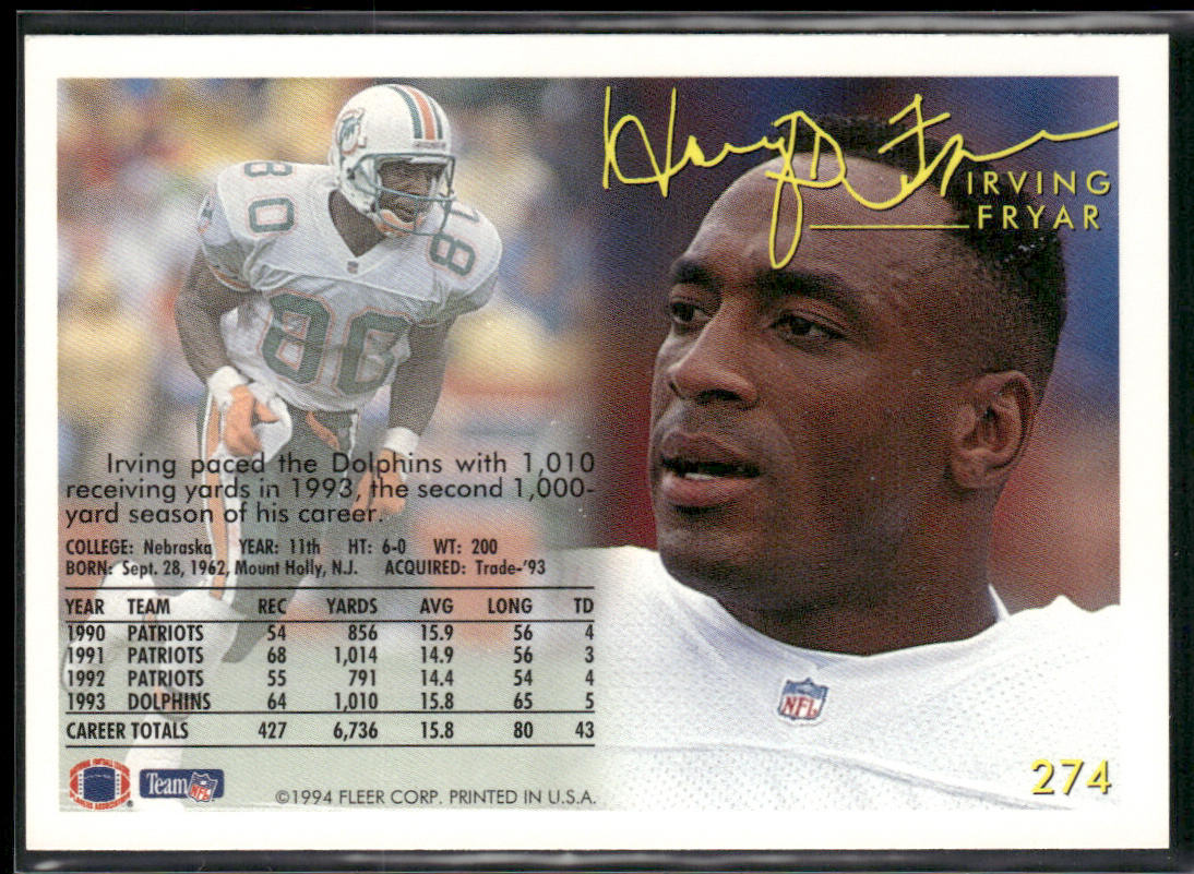 Irving Fryar 1994 Fleer #274 Miami Dolphins