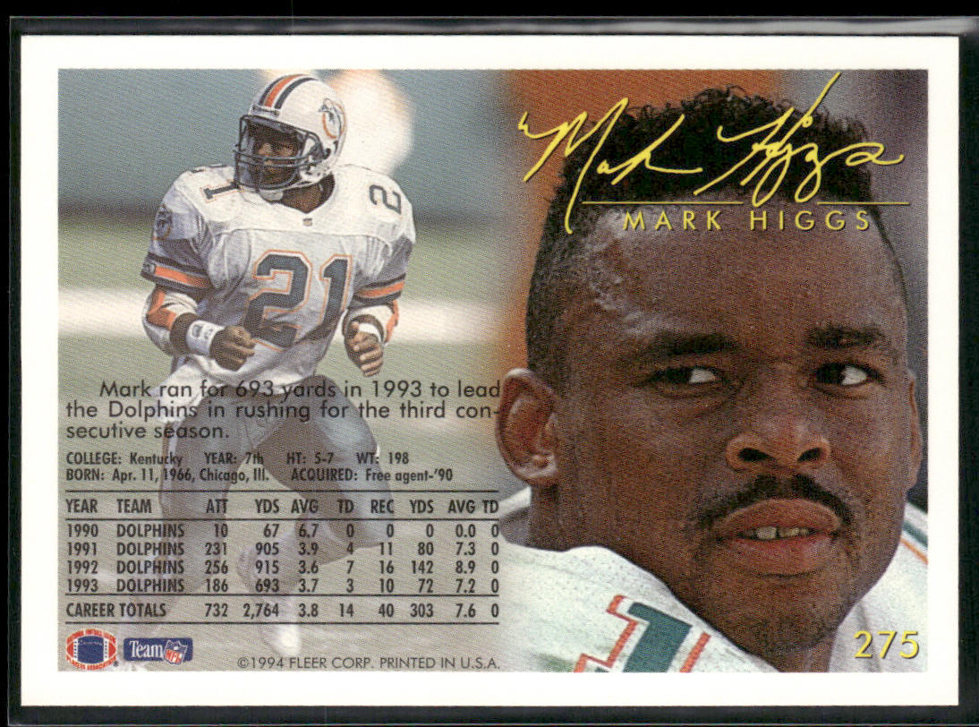Mark Higgs 1994 Fleer #275 Miami Dolphins