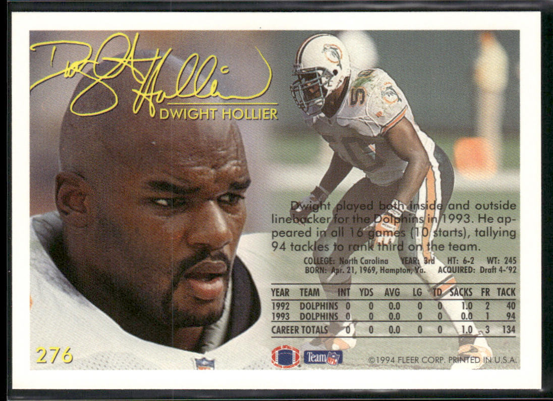 Dwight Hollier 1994 Fleer #276 Miami Dolphins