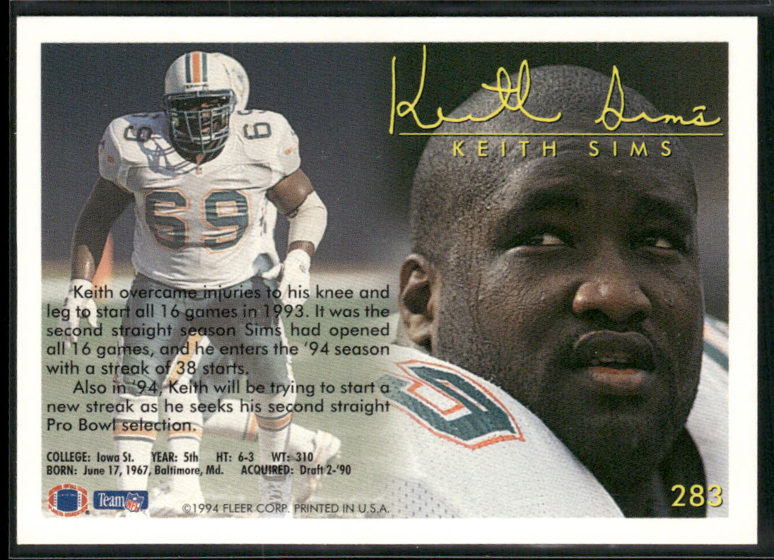 Keith Sims 1994 Fleer #283 Miami Dolphins
