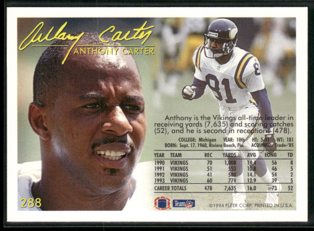 Anthony Carter 1994 Fleer #288 Minnesota Vikings
