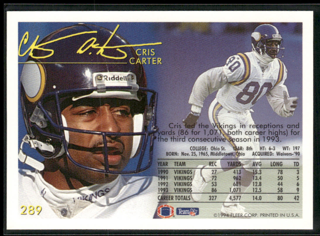 Cris Carter 1994 Fleer #289 Minnesota Vikings