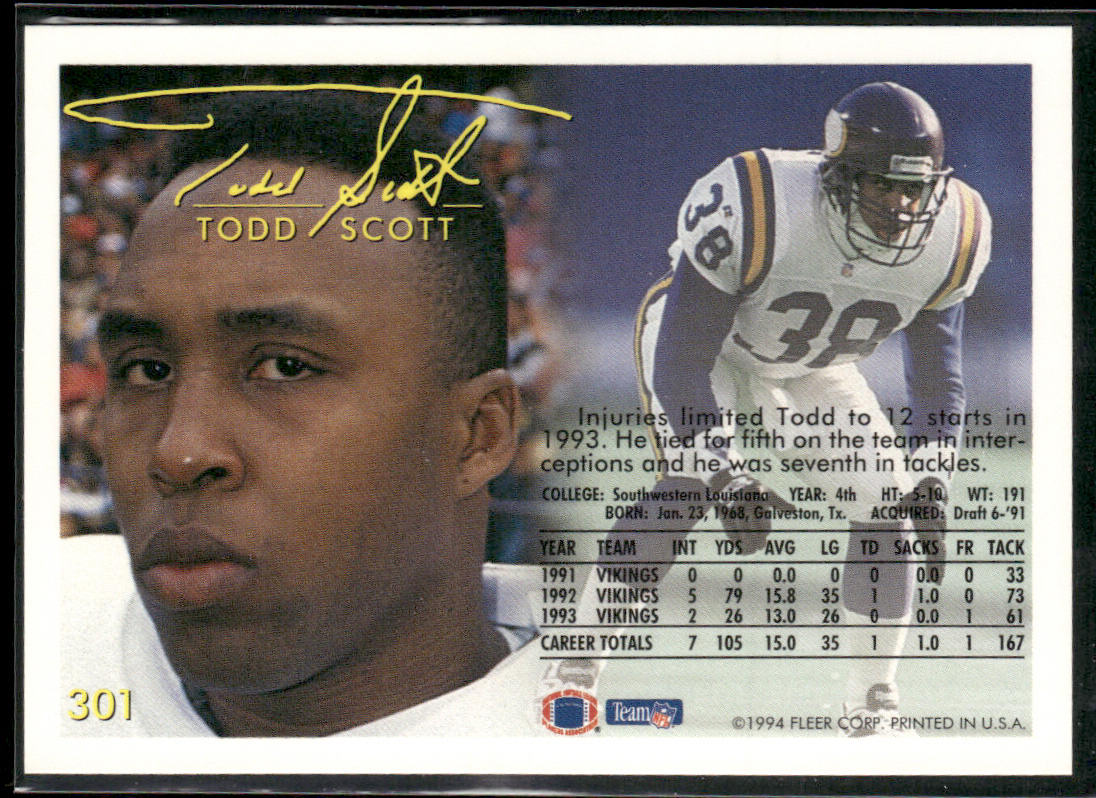 Todd Scott 1994 Fleer #301 Minnesota Vikings