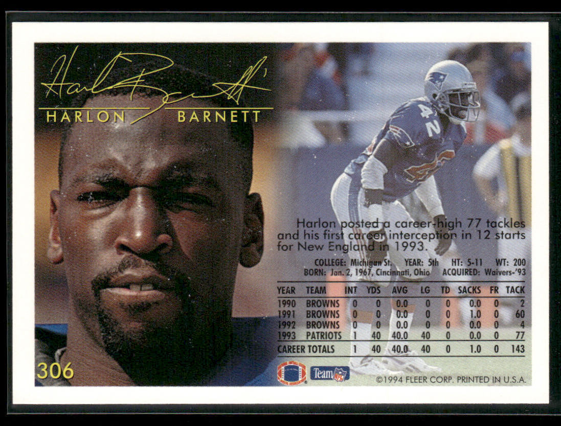 Harlon Barnett 1994 Fleer #306 New England Patriots