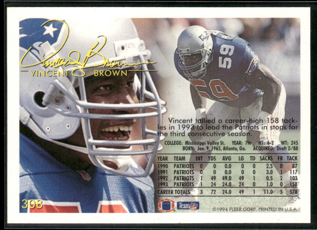 Vincent Brown 1994 Fleer #308 New England Patriots