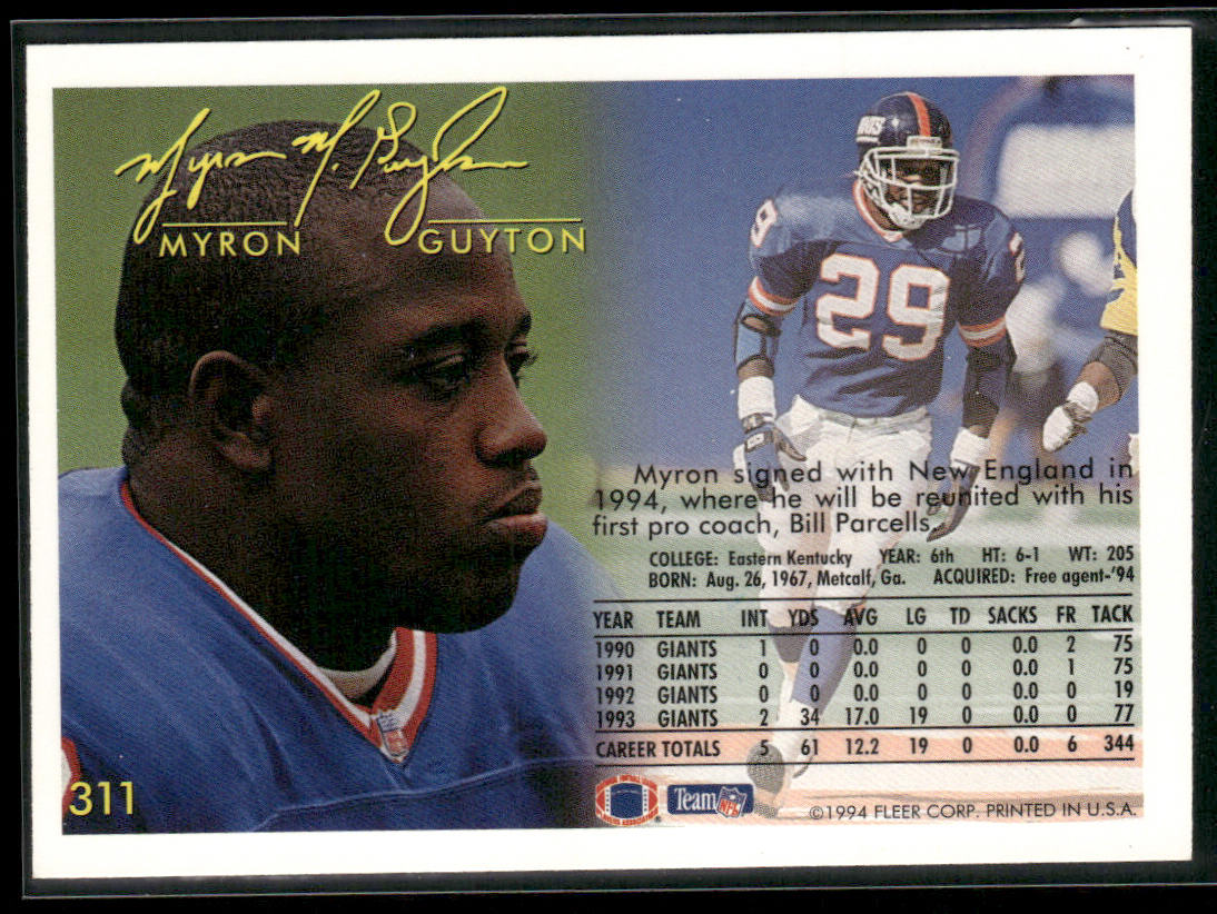 Myron Guyton 1994 Fleer #311 New England Patriots