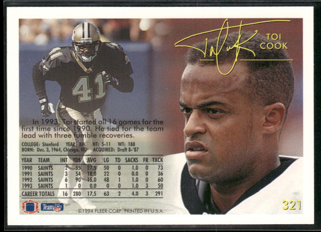 Toi Cook 1994 Fleer #321 New Orleans Saints
