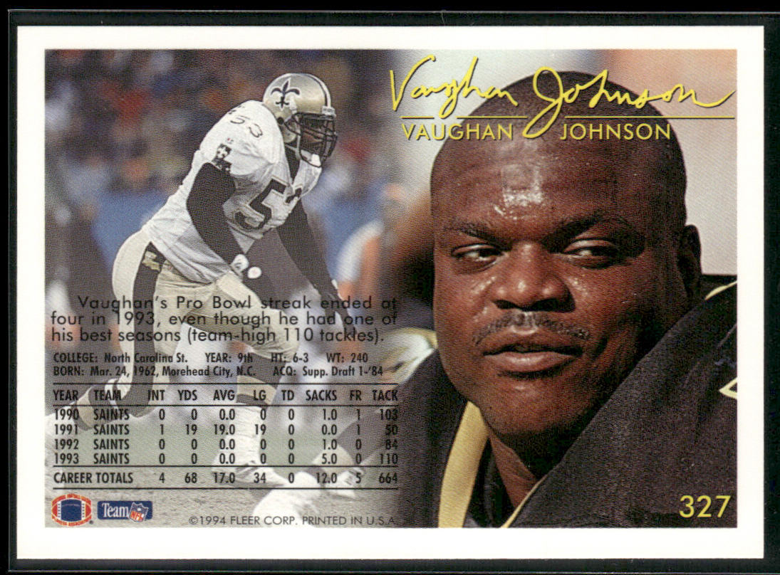 Vaughan Johnson 1994 Fleer #327 New Orleans Saints