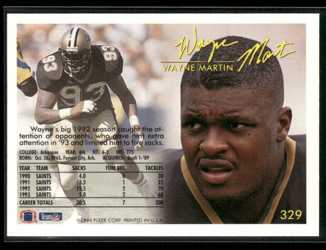 Wayne Martin 1994 Fleer #329 New Orleans Saints