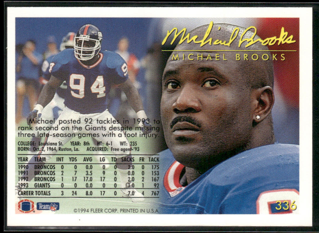 Michael Brooks 1994 Fleer #336 New York Giants
