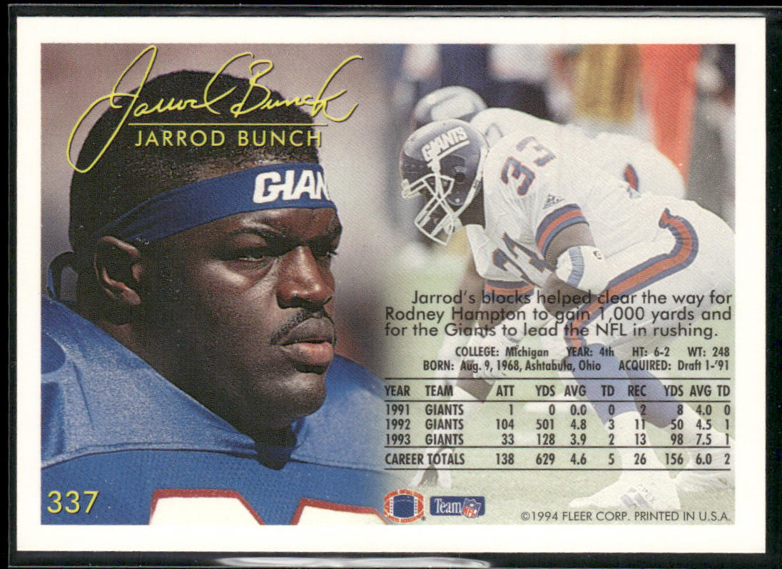 Jarrod Bunch 1994 Fleer #337 New York Giants