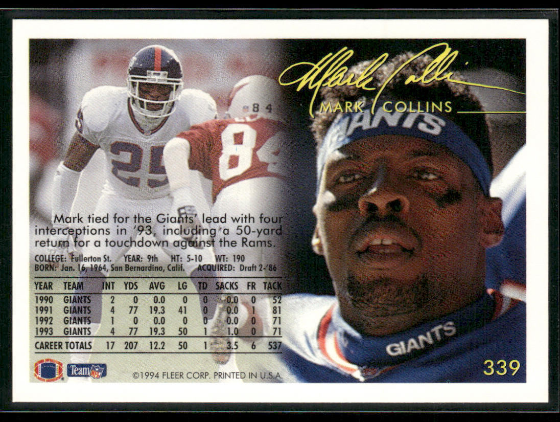 Mark Collins 1994 Fleer #339 Kansas City Chiefs