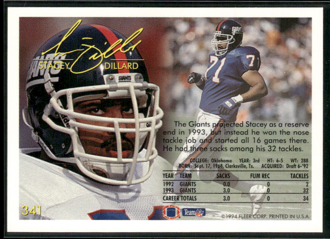 Stacey Dillard 1994 Fleer #341 RC New York Giants