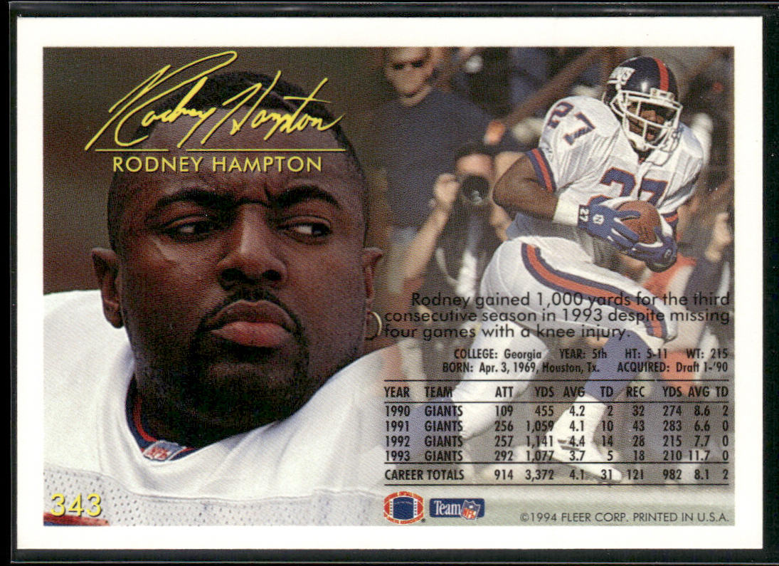Rodney Hampton 1994 Fleer #343 New York Giants