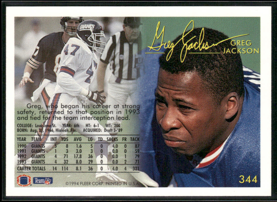 Greg Jackson 1994 Fleer #344 New York Giants
