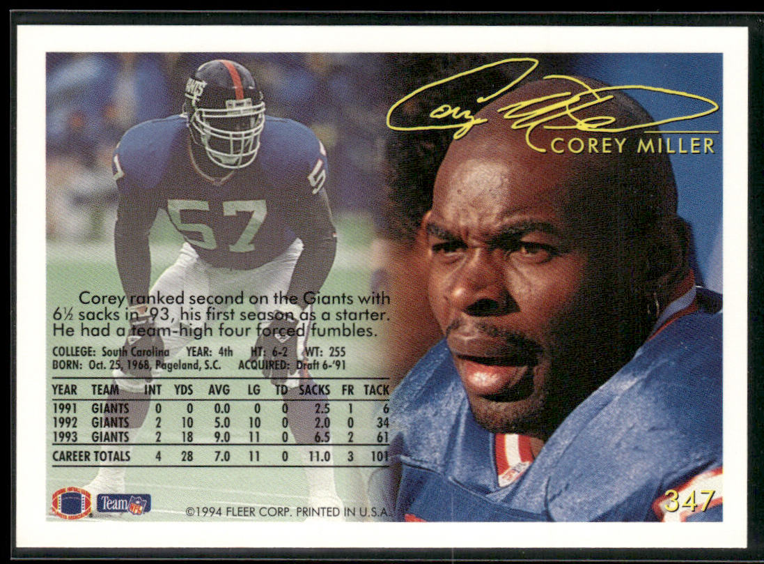 Corey Miller 1994 Fleer #347 New York Giants