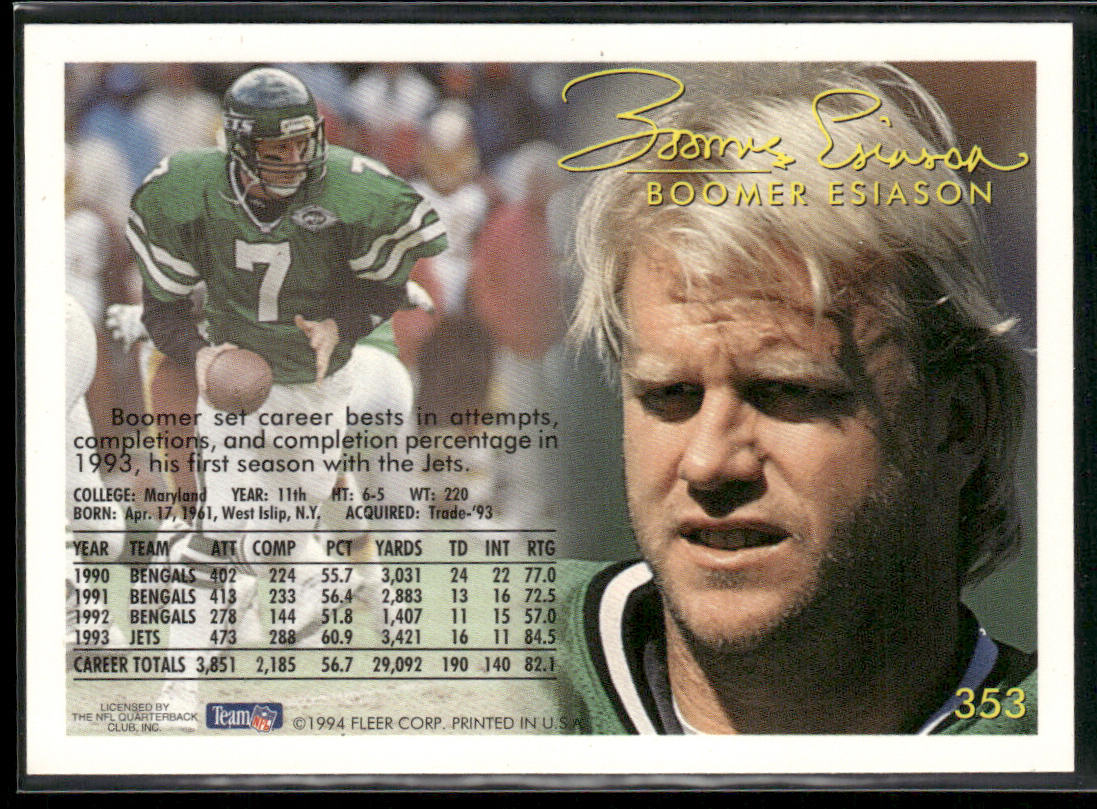 Boomer Esiason 1994 Fleer #353 New York Jets