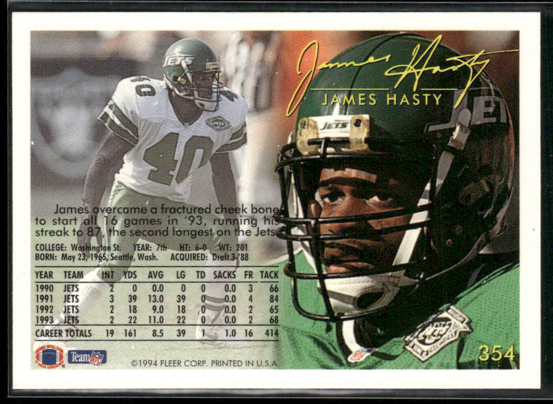James Hasty 1994 Fleer #354 New York Jets