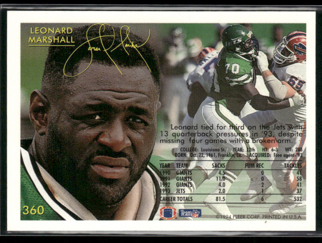 Leonard Marshall 1994 Fleer #360 New York Jets