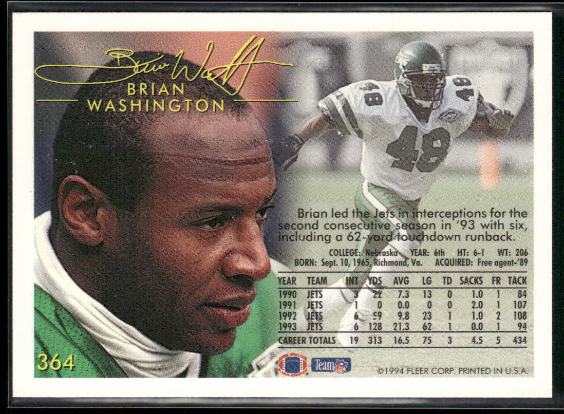 Brian Washington 1994 Fleer #364 New York Jets