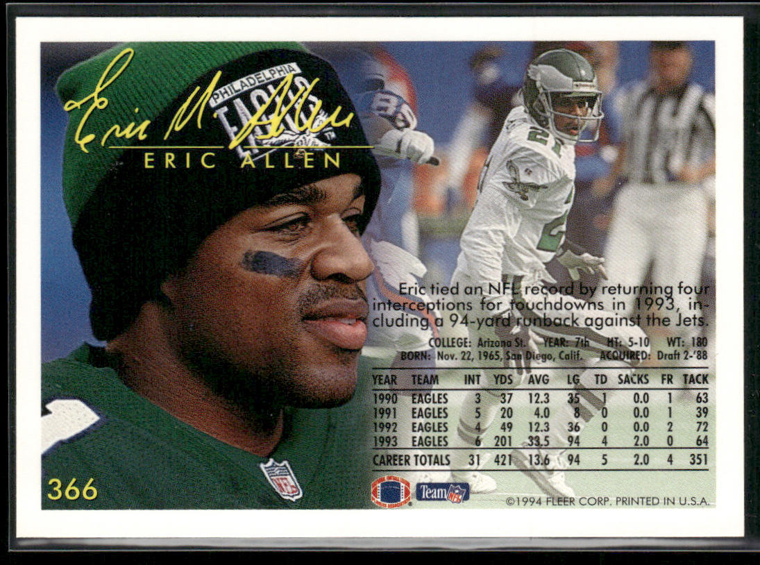 Eric Allen 1994 Fleer #366 Philadelphia Eagles