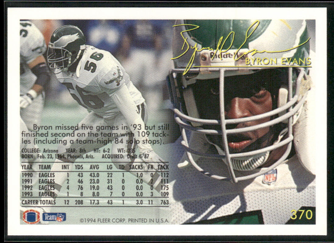 Byron Evans 1994 Fleer #370 Philadelphia Eagles