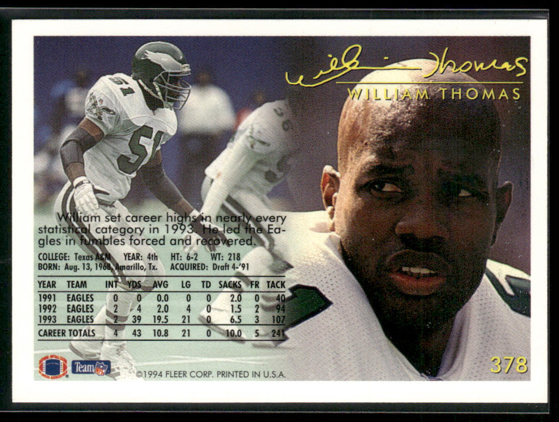 William Thomas 1994 Fleer #378 Philadelphia Eagles
