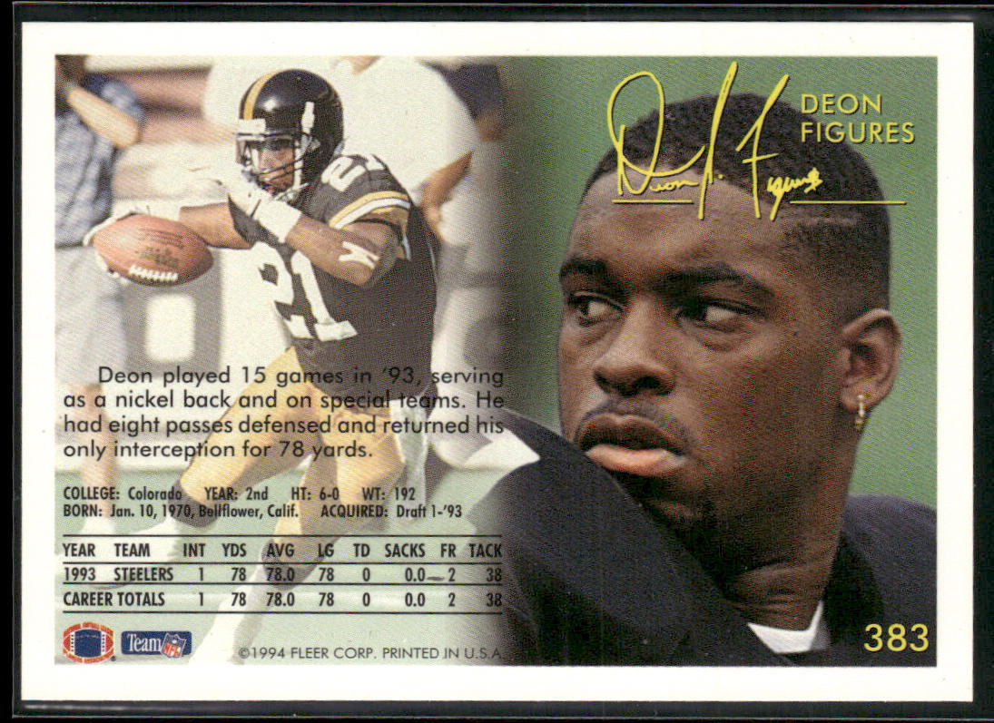Deon Figures 1994 Fleer #383 Pittsburgh Steelers