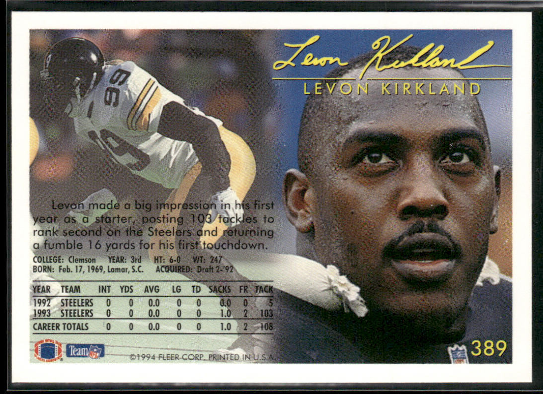Levon Kirkland 1994 Fleer #389 Pittsburgh Steelers