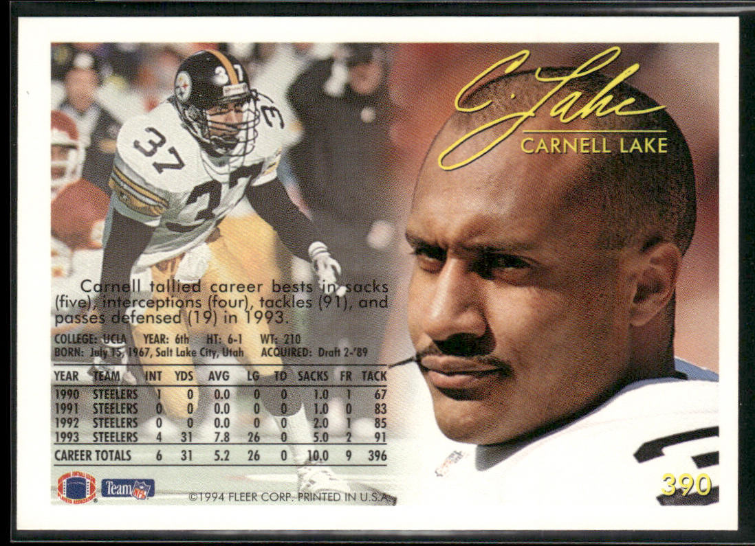 Carnell Lake 1994 Fleer #390 Pittsburgh Steelers