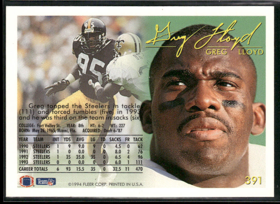 Greg Lloyd 1994 Fleer #391 Pittsburgh Steelers