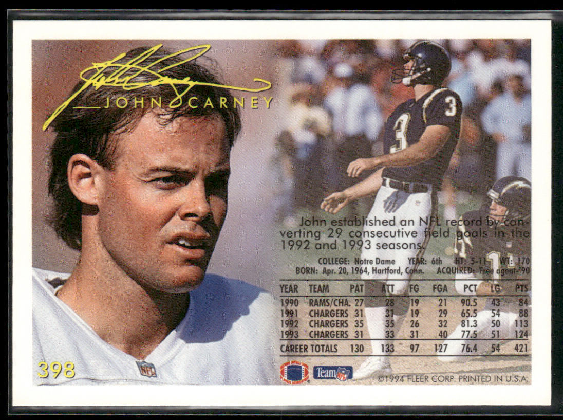 John Carney 1994 Fleer #398 San Diego Chargers