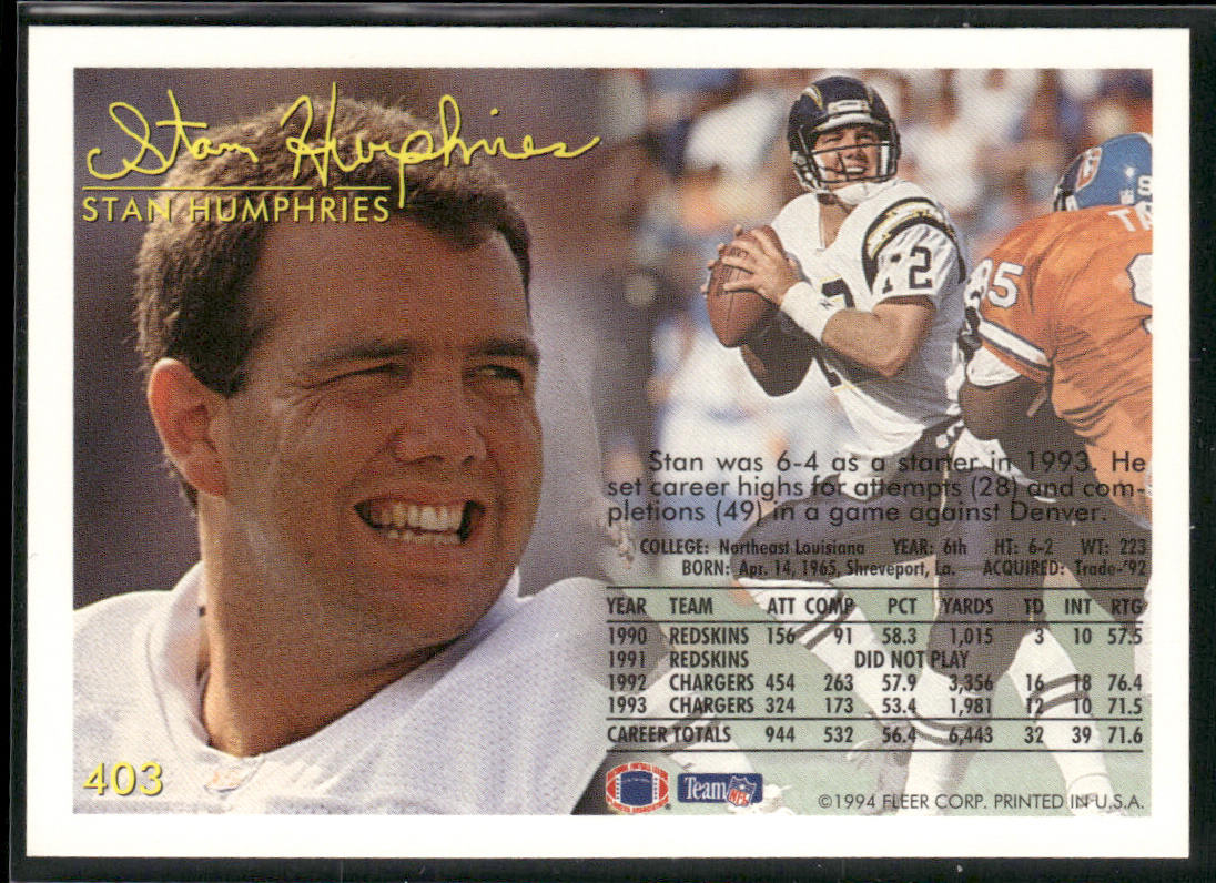 Stan Humphries 1994 Fleer #403 San Diego Chargers