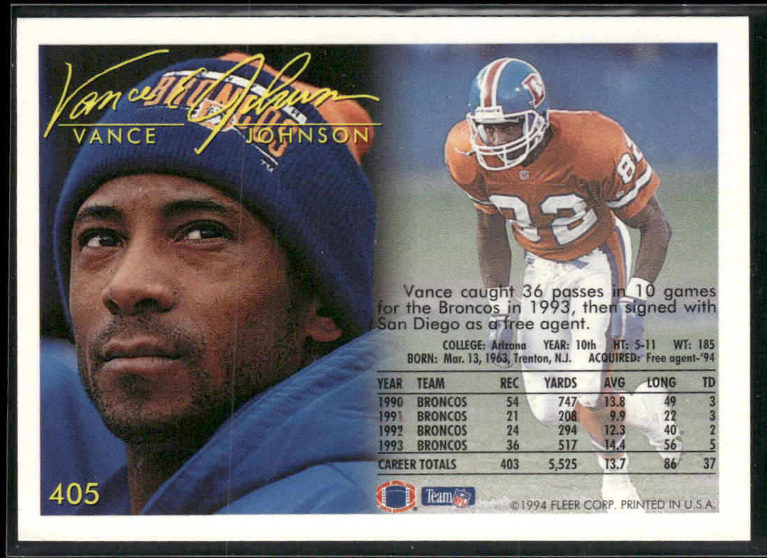 Vance Johnson 1994 Fleer #405 San Diego Chargers