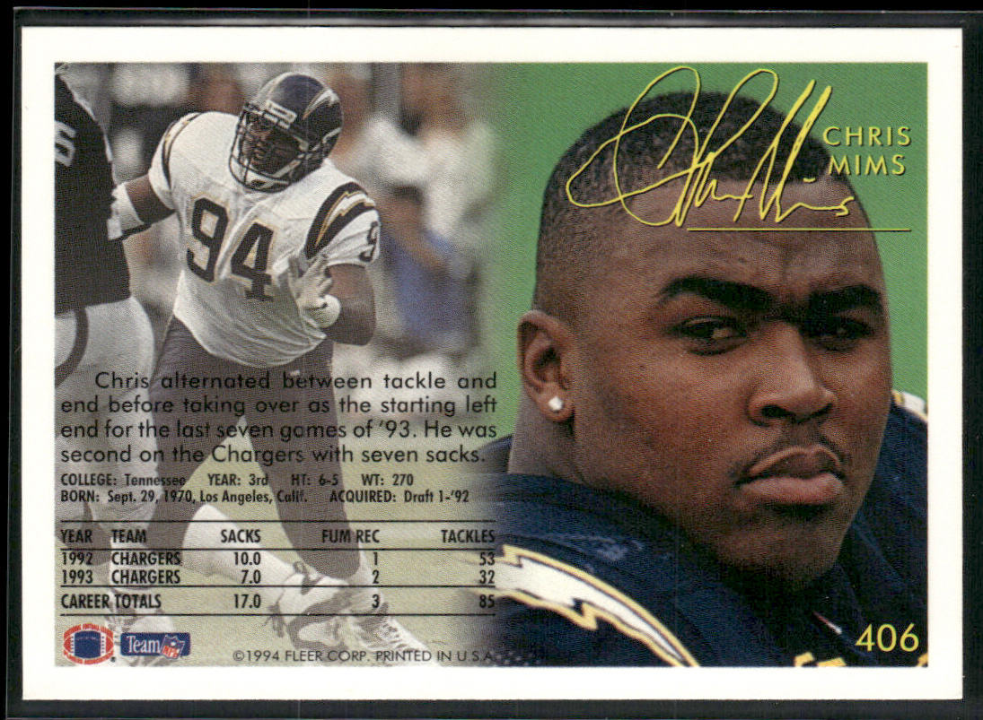 Chris Mims 1994 Fleer #406 San Diego Chargers