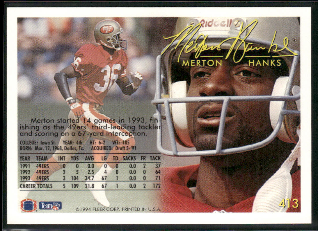 Merton Hanks 1994 Fleer #413 San Francisco 49ers