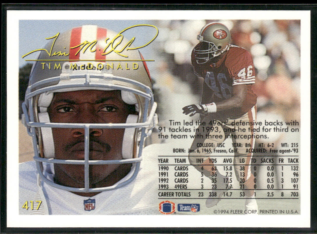 Tim McDonald 1994 Fleer #417 San Francisco 49ers