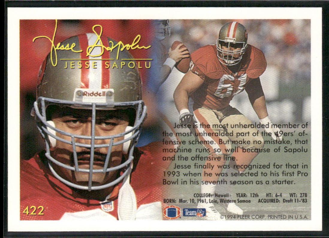 Jesse Sapolu 1994 Fleer #422 San Francisco 49ers