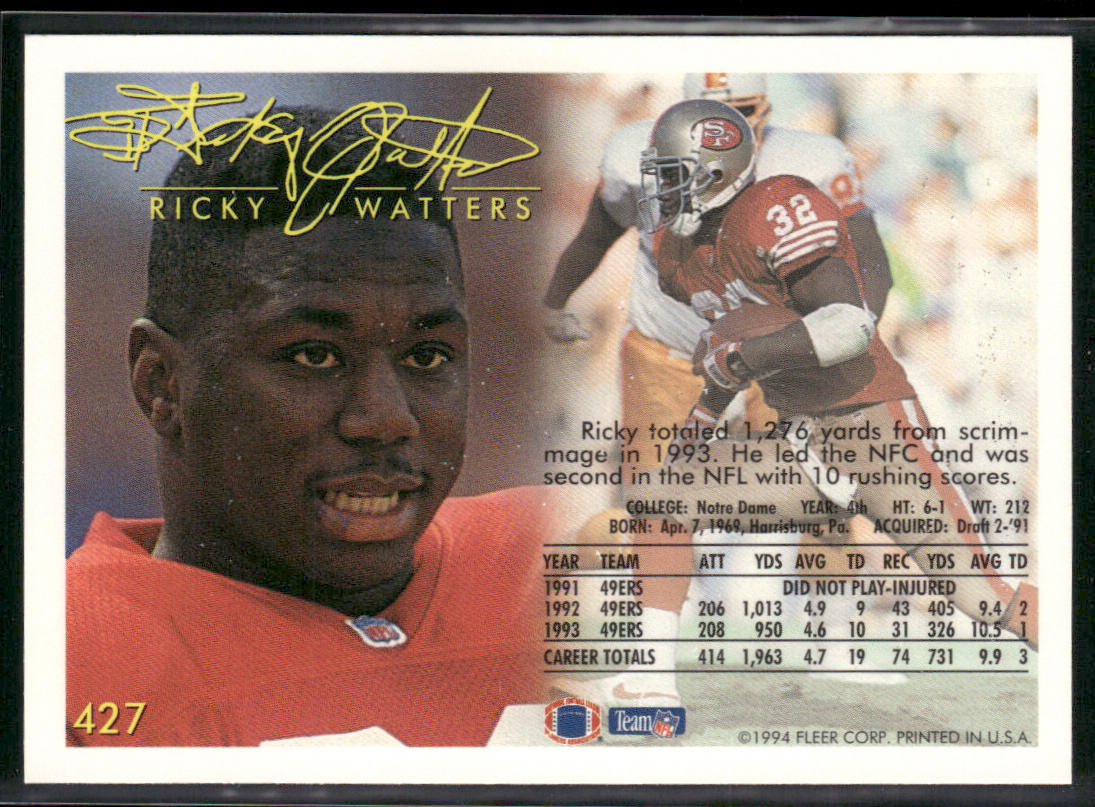Ricky Watters 1994 Fleer #427 San Francisco 49ers