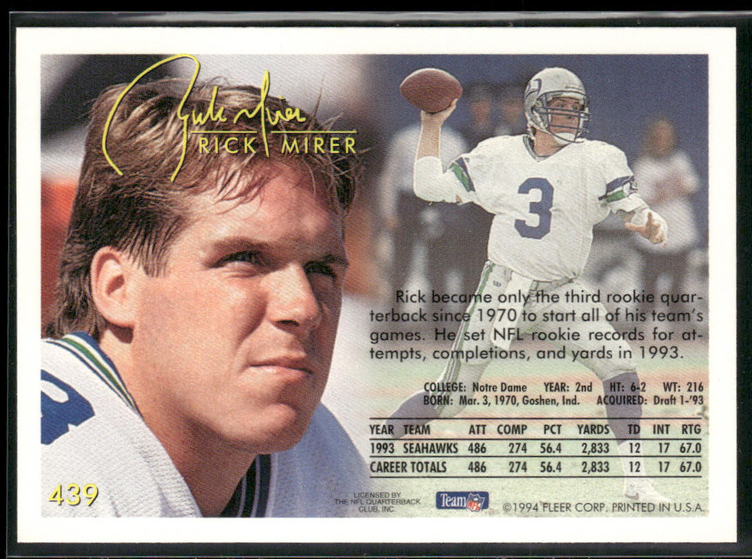 Rick Mirer 1994 Fleer #439 Seattle Seahawks