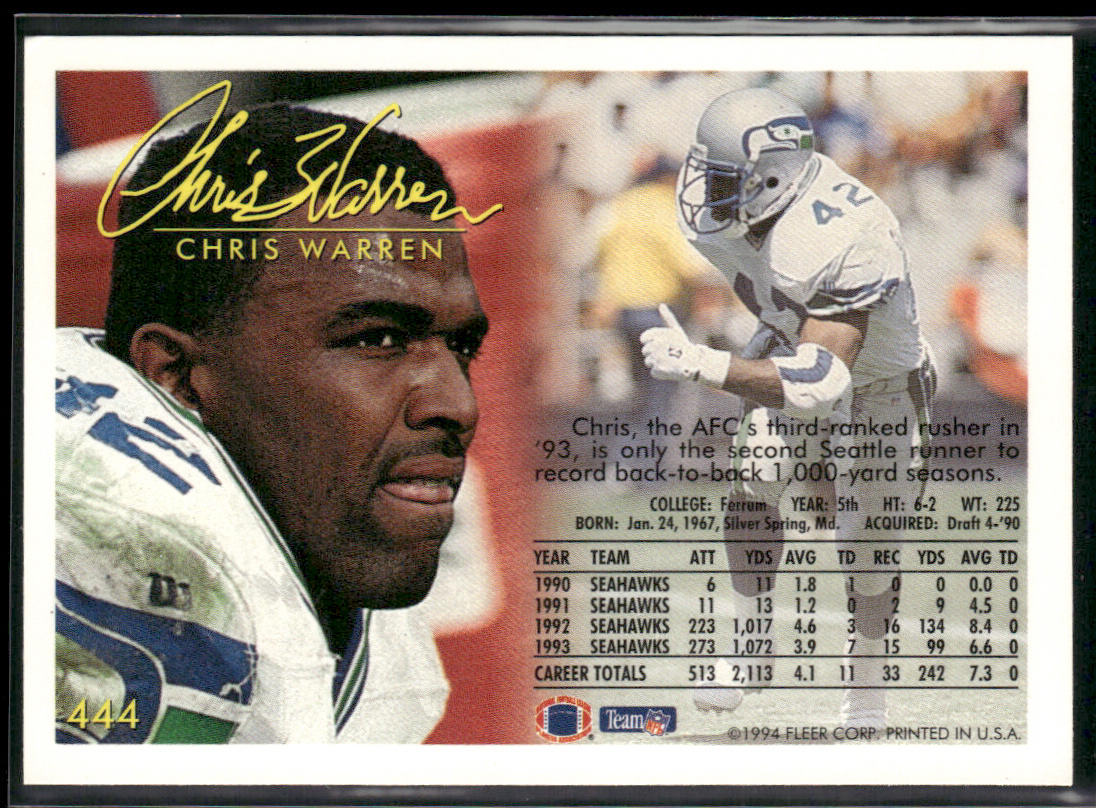 Chris Warren 1994 Fleer #444 Seattle Seahawks