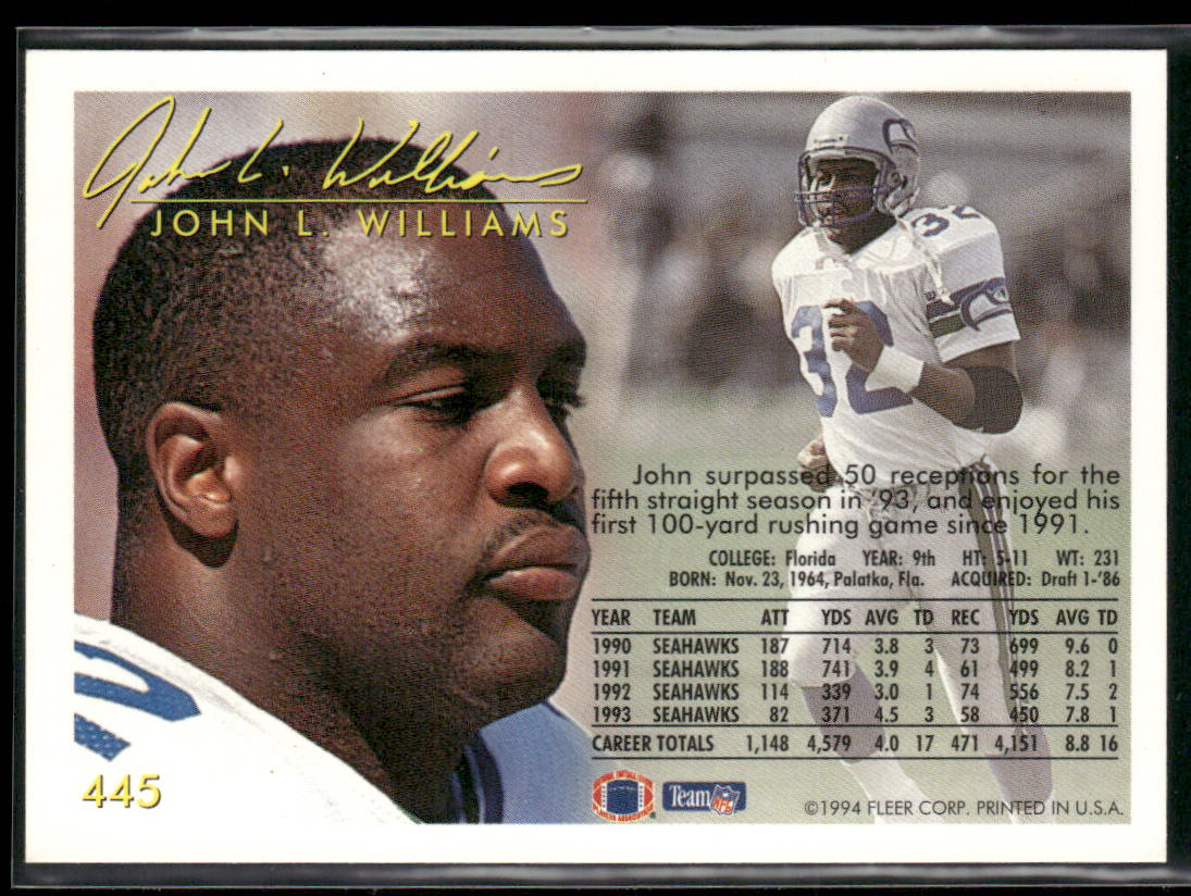John L. Williams 1994 Fleer #445 Pittsburgh Steelers