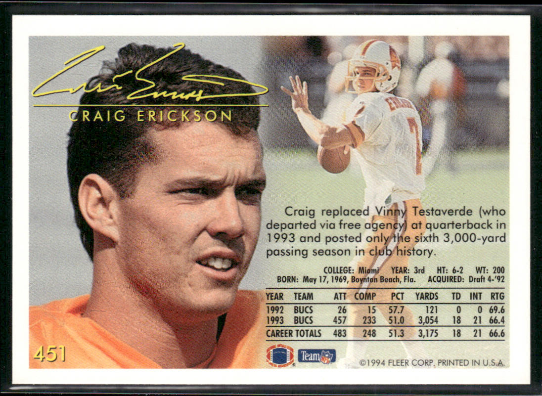 Craig Erickson 1994 Fleer #451 Tampa Bay Buccaneers