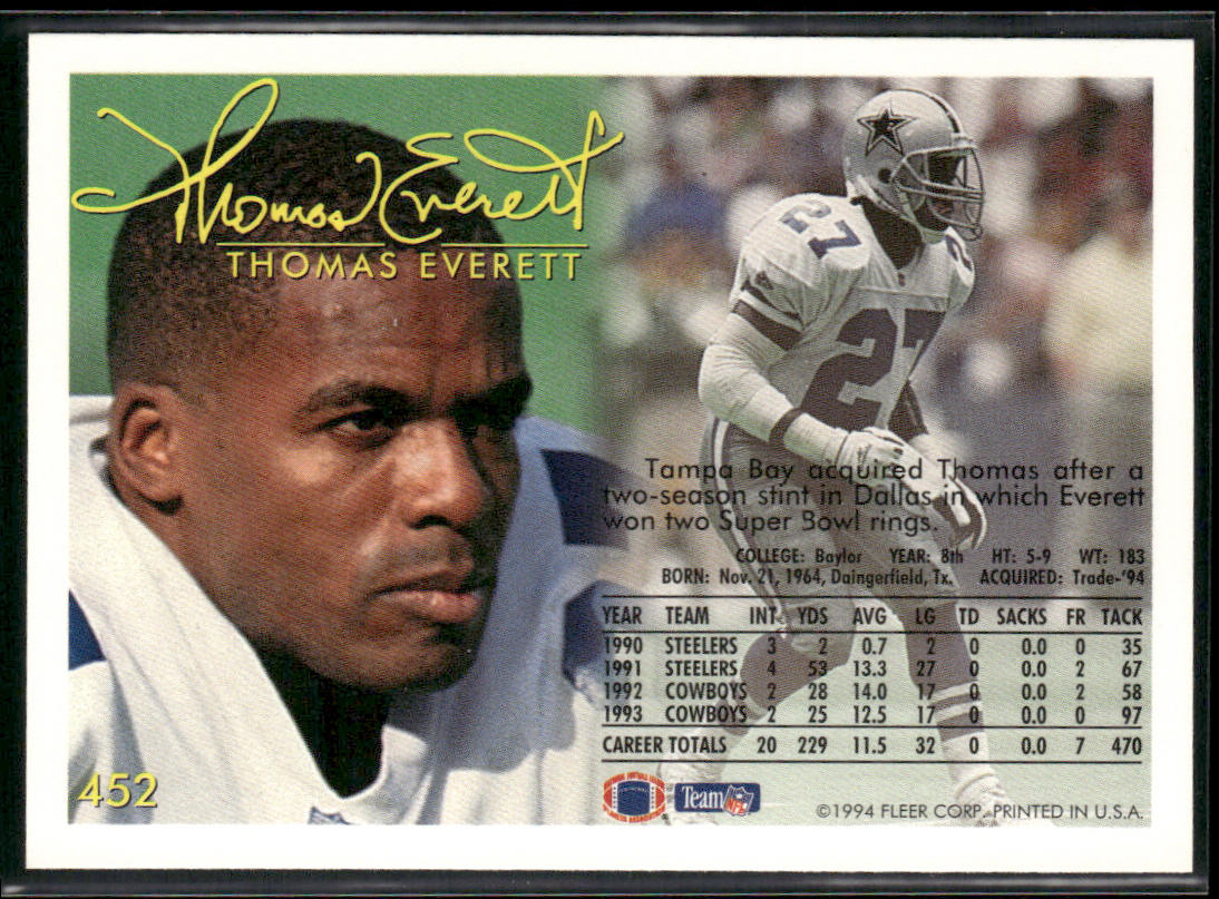 Thomas Everett 1994 Fleer #452 Tampa Bay Buccaneers