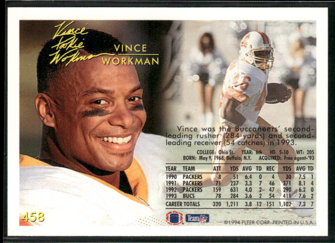 Vince Workman 1994 Fleer #458 Tampa Bay Buccaneers