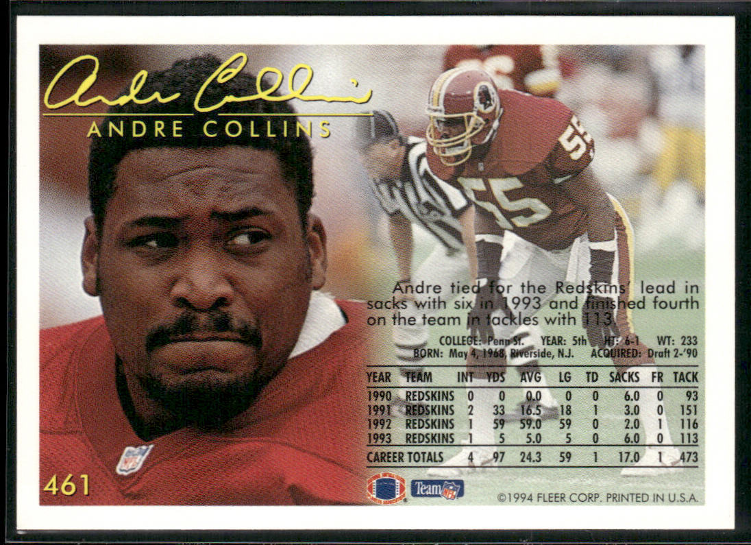 Andre Collins 1994 Fleer #461 Washington Redskins