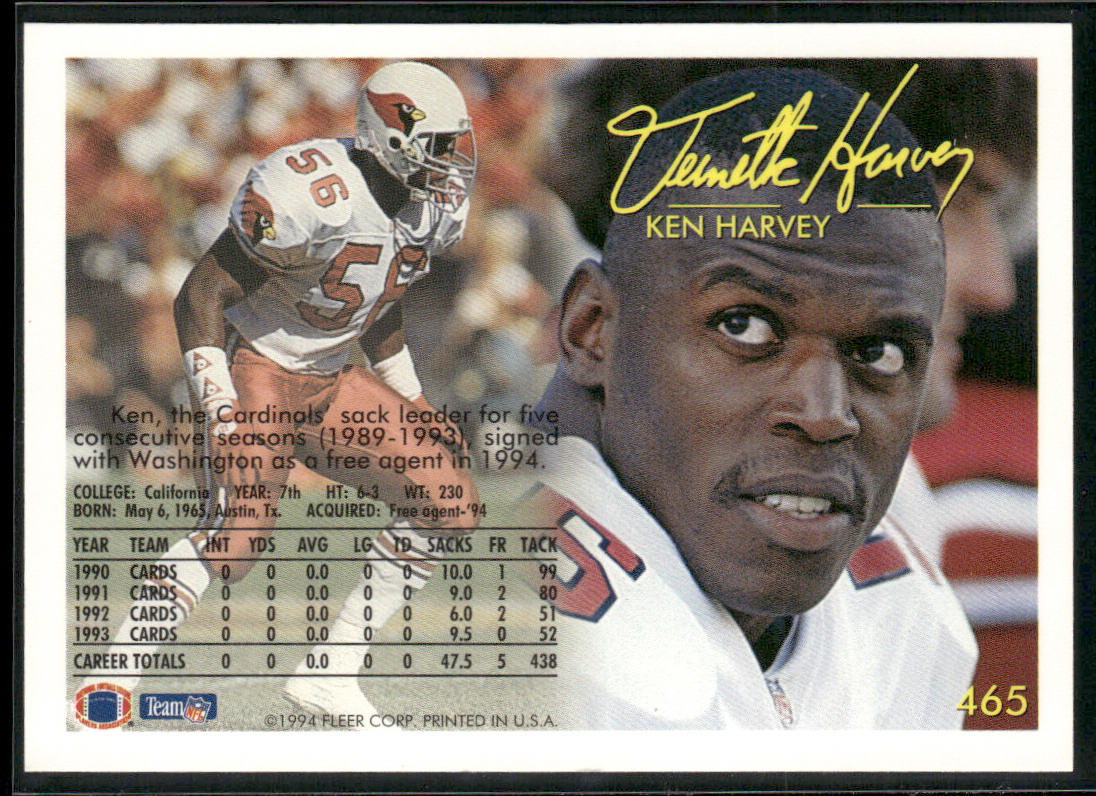 Ken Harvey 1994 Fleer #465 Washington Redskins